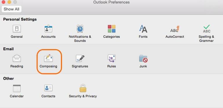 A screenshot of the Outlook Preferences window, with the Composing icon selected.