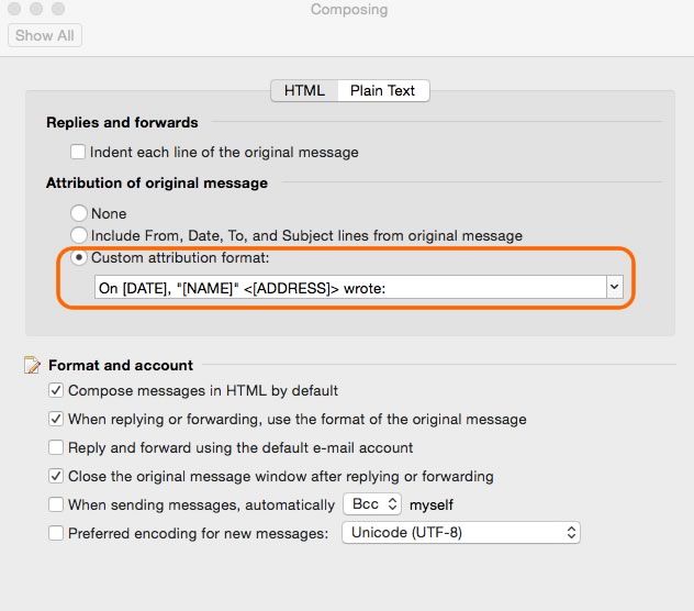 A screenshot of the Outlook Preferences Composing window, with an orange box around the Custom Attribution Format dropdown.