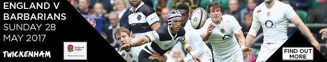 An email banner with a photo of rugby players mid-action, the Twickenham logo in the bottom left corner, the words "England V Barbarians Sunday 28 May 2017" on the left and "FIND OUT MORE" on the right.