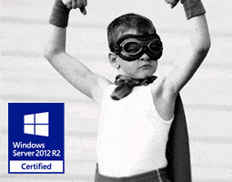 The Windows Server 2012 R2 Certified logo superimposed on a black and white photo of a young boy posing in a superhero costume.