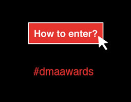 A button that says "How to enter?" with a mouse icon hovering over it, with "#dmaawards" underneath.