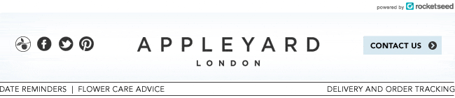 An email banner with the Appleyard London logo in the centre, a range of social media buttons to the left, a contact us button to the right, and various links below.