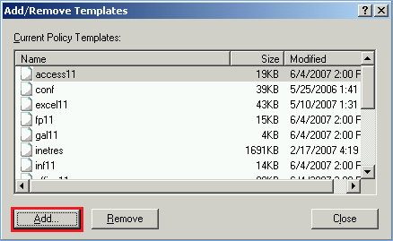 A screenshot of a selection window titled Add Remove Templates, with the "add" button selected.
