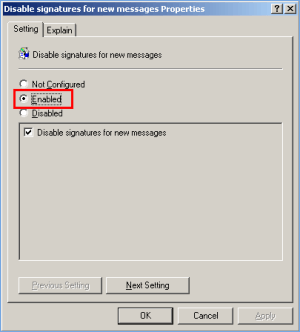 A screenshot of a selection window titled Disable signatures for new messages Properties, with the "enabled" button selected.