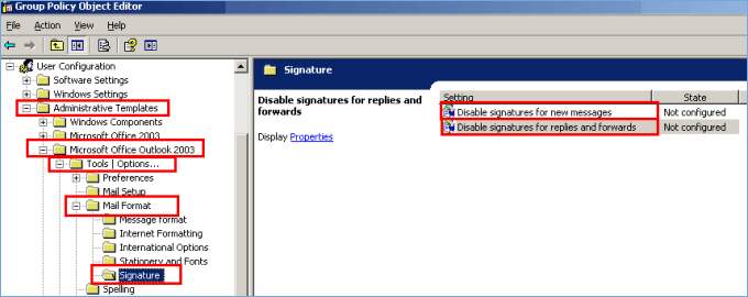 A screenshot of a window titled Group Policy Object Editor with red boxes around various folders.
