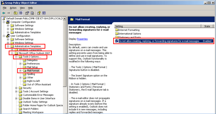 A screenshot of a window titled Group Policy Object Editor with red boxes around various folders.