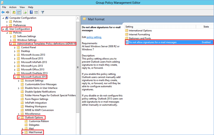 A screenshot of a window titled Group Policy Management Editor with red boxes around various folders.