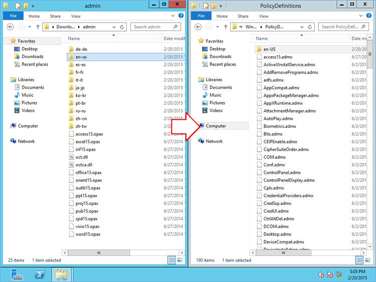 A screenshot of two file browser windows side by side, one titled Admin and one titled PolicyDefinitions, with a red arrow pointing to the Computer folder.