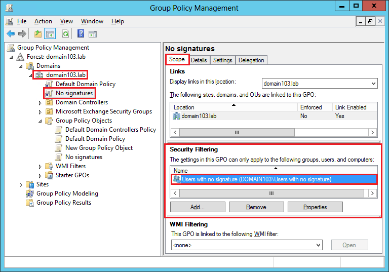 A screenshot of a browser window titled Group Policy Management with red boxes around various folders and items.