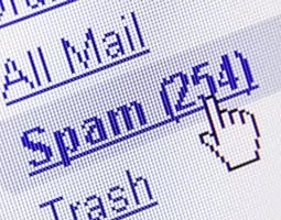 A selection hand hovers over a link titled "Spam (254)".