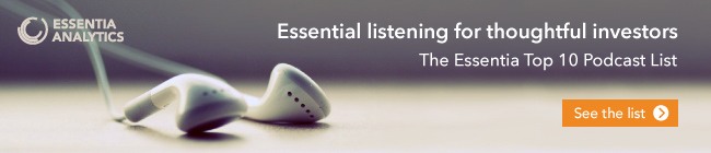 An email banner with the Essentia Analytics logo in the top left corner, an image of earbuds in the centre, and the words "Essential listening for thoughtful investors The Essentia Top 10 Podcast List" and "See the list" on the right.