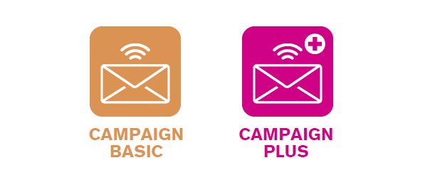 Two square icons depicting an envelope with lines radiating from it, one with a plus sign in the corner. Underneath are the words "Campaign Basic" and "Campaign Plus" respectively.