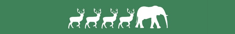 A row of deer icons and one elephant icon in white on a green background.