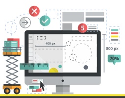 A graphic of a desktop computer surrounded by a scissor lift, a graph, and various maths symbols.