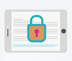 A graphic depicting a tablet with a closed padlock superimposed.
