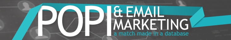 The words "POPI & Email Marketing a match made in a database" over a graphic blue & grey background.