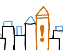 A line drawing of buildings, one with an exclamation mark in the centre.