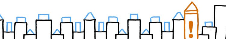 A line drawing of buildings, one with an exclamation mark in the centre.