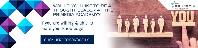 An email banner with the Primedia Academy logo in the top right corner, a company message above a "CLICK HERE TO CONTACT US" button in the centre, and graphic blue and purple squares on the left side.