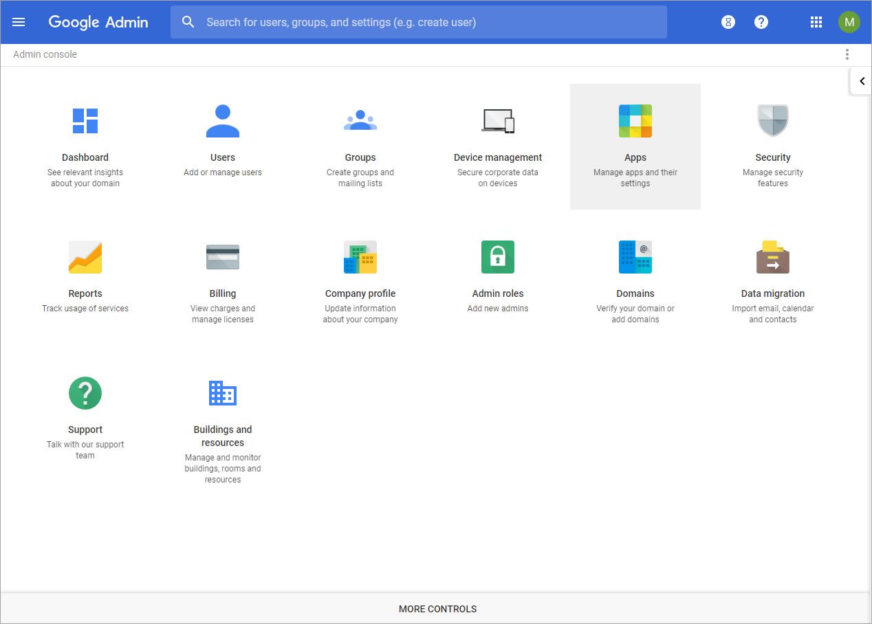 A screenshot of the Google Admin console, with the App icon selected.