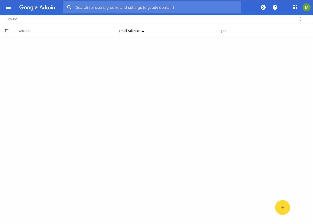 A screenshot of the Groups page of the Google Admin console.