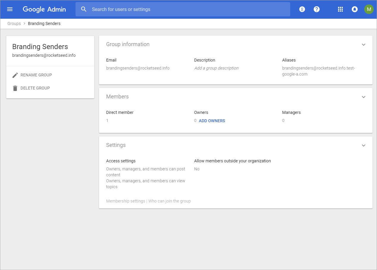 A screenshot of a page titled Branding Senders on the Google Admin console.