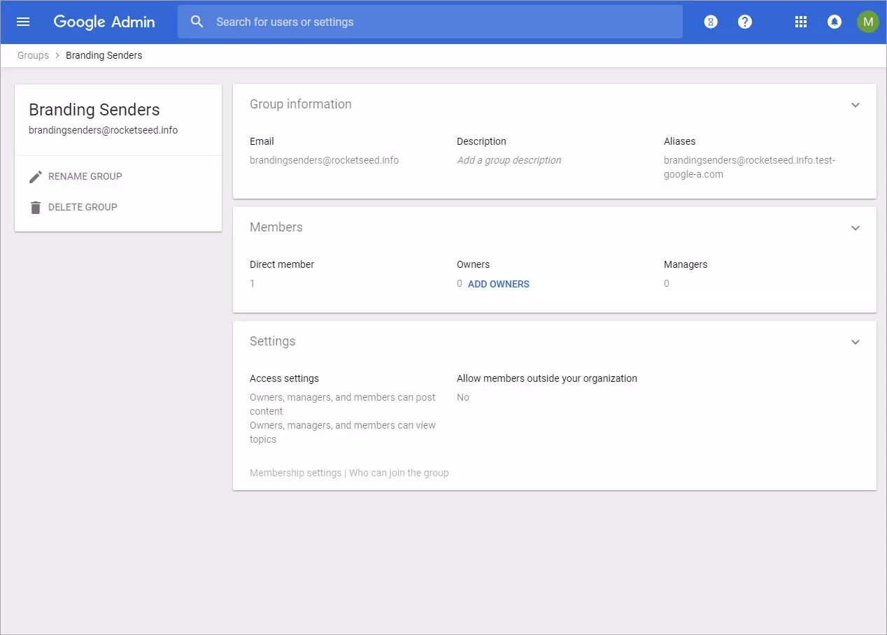 A screenshot of a page titled Branding Senders on the Google Admin console.