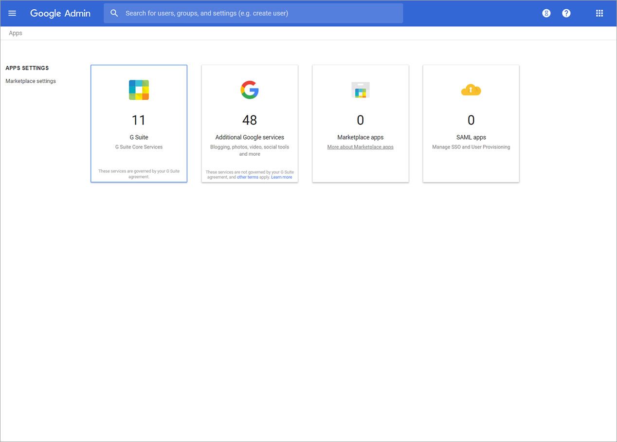 A screenshot of the Apps page on the Google Admin console, with the GSuite icon selected.
