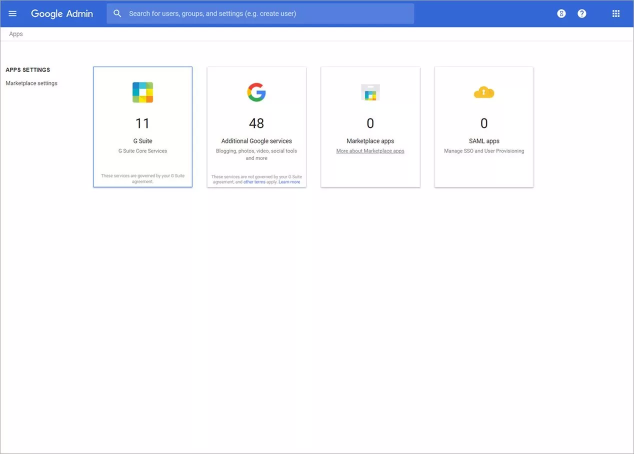 A screenshot of the Apps page on the Google Admin console, with the GSuite icon selected.