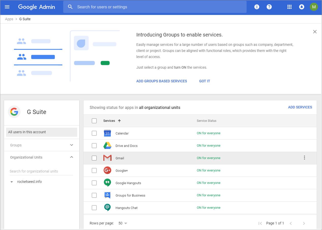A screenshot of the GSuite page of the Google Admin console.