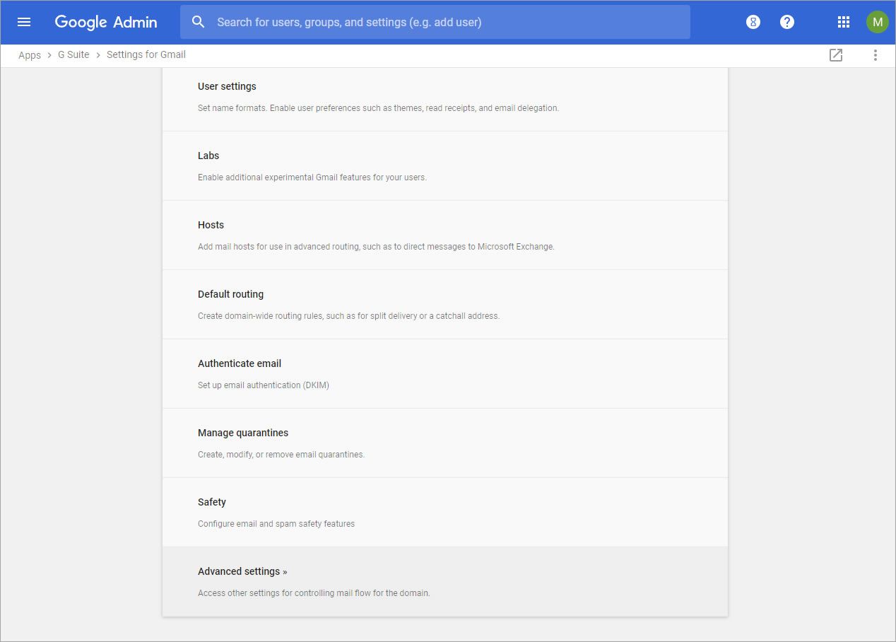 A screenshot of the Settings for Gmail page of the Google Admin console.