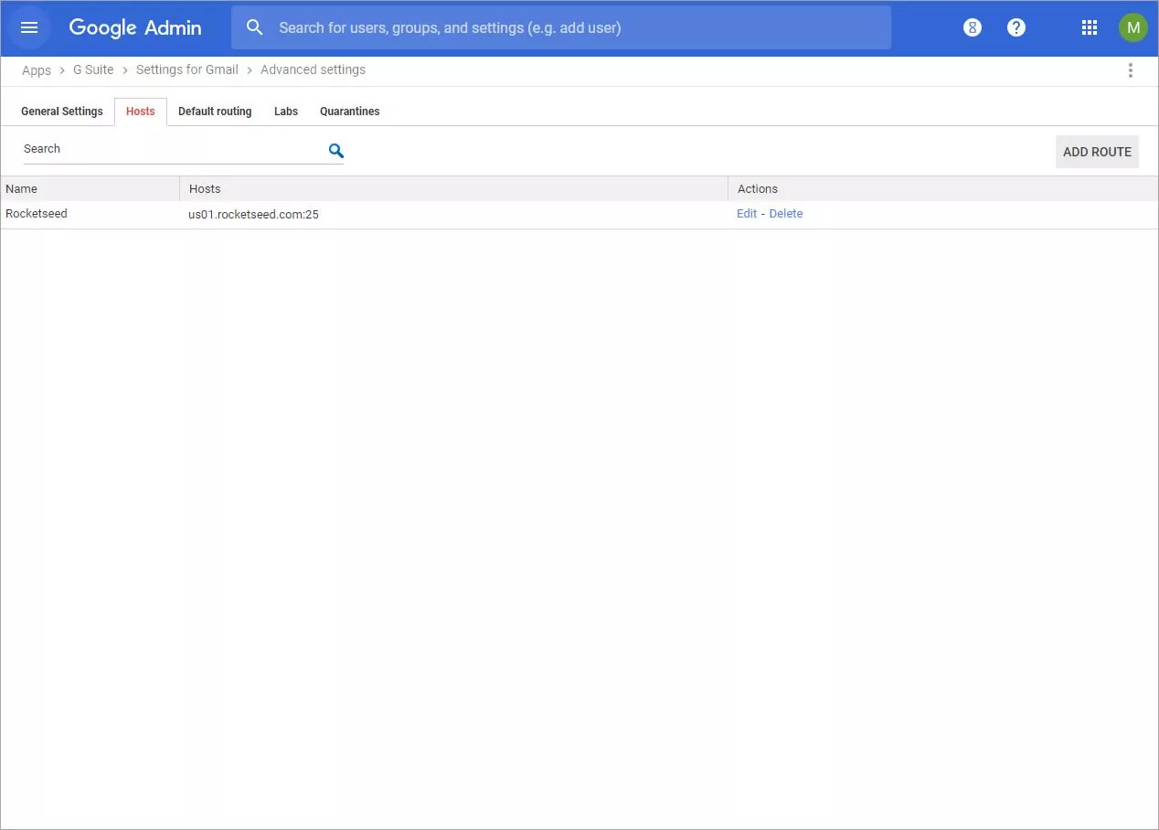 A screenshot of the Google Admin Advanced Settings window, with the Hosts tab selected.