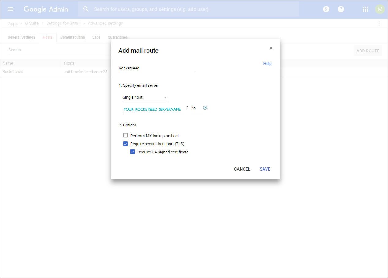 A screenshot of the Google Admin console with a pop-up window titled Add mail route, with Require secure transport and Require CA signed certificate selected.