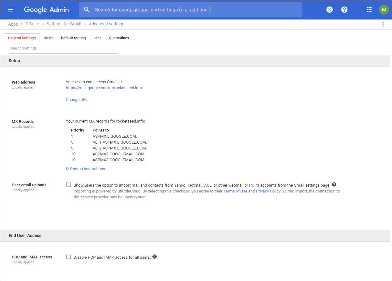A screenshot of the Google Admin Advanced Settings window, with the General Settings tab selected.