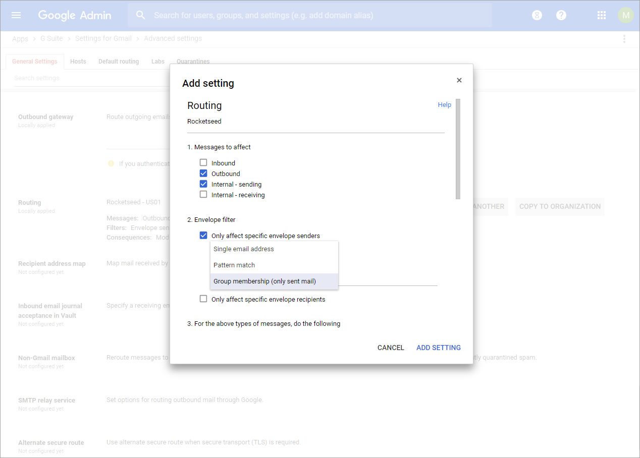 A screenshot of the Google Admin console with a pop-up window titled Add setting.