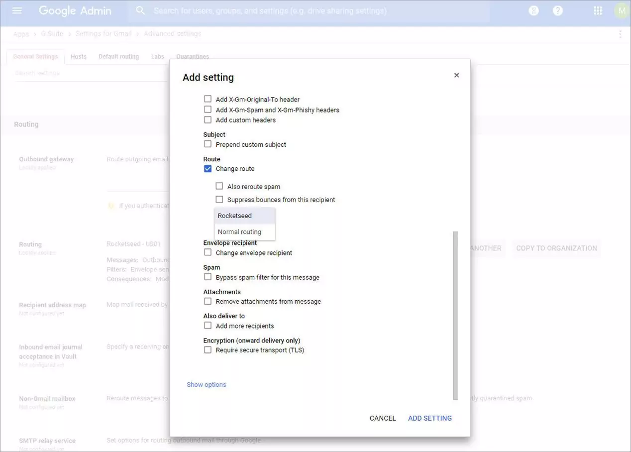 A screenshot of the Google Admin console with a pop-up window titled Add setting, with Change Route selected.