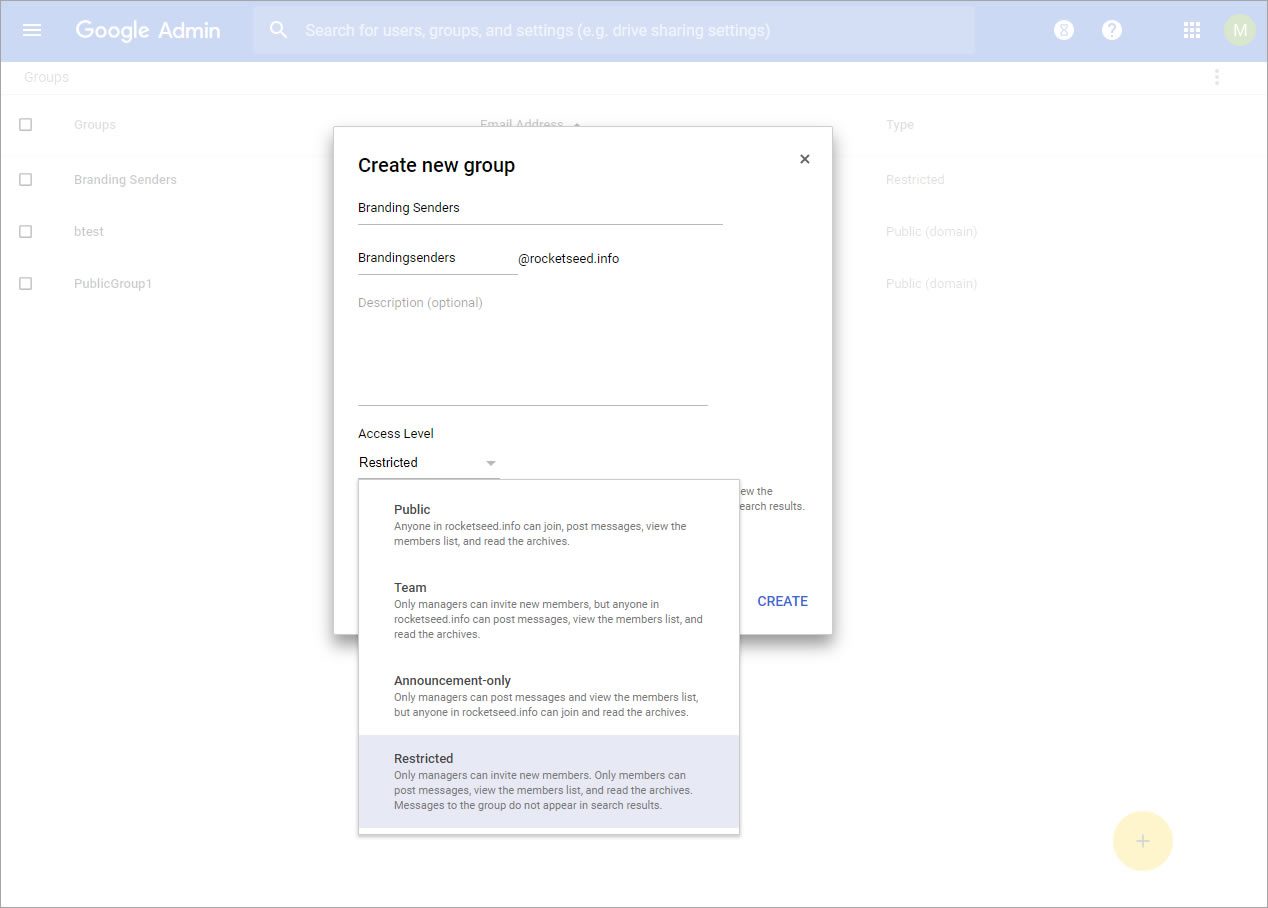 A screenshot of the Google Admin console with a pop-up window titled Create New Group, with Access Level Restricted selected.