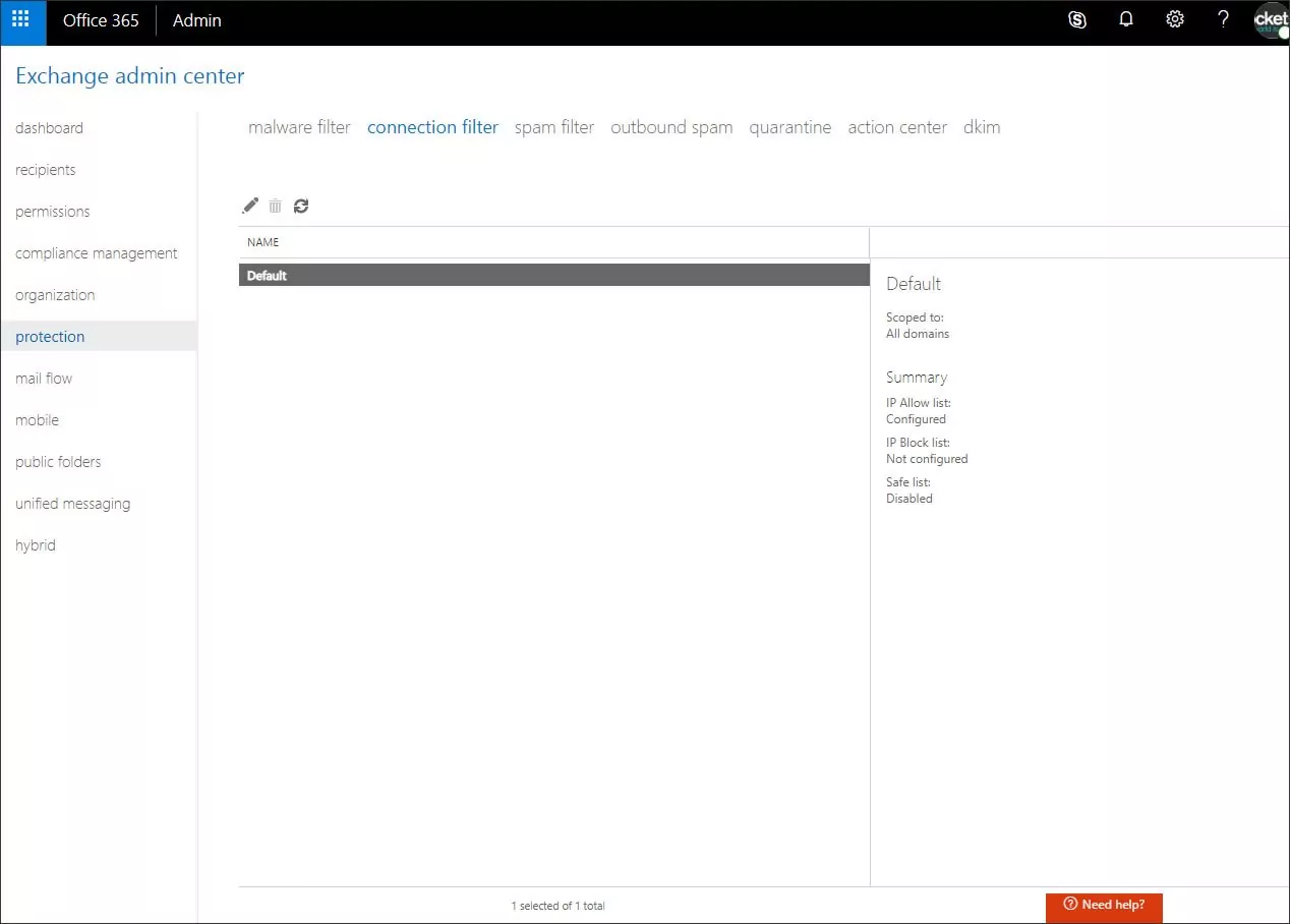 A screenshot of the Microsoft 365 Exchange admin centre, with the protection tab selected.