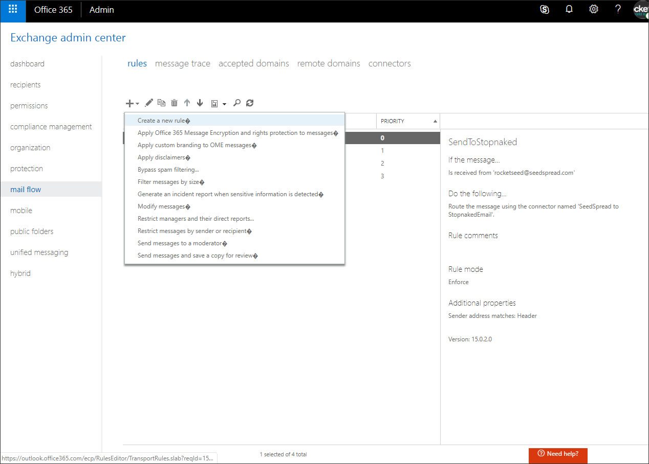 A screenshot of the Microsoft 365 Exchange admin centre, with the mail flow tab selected.