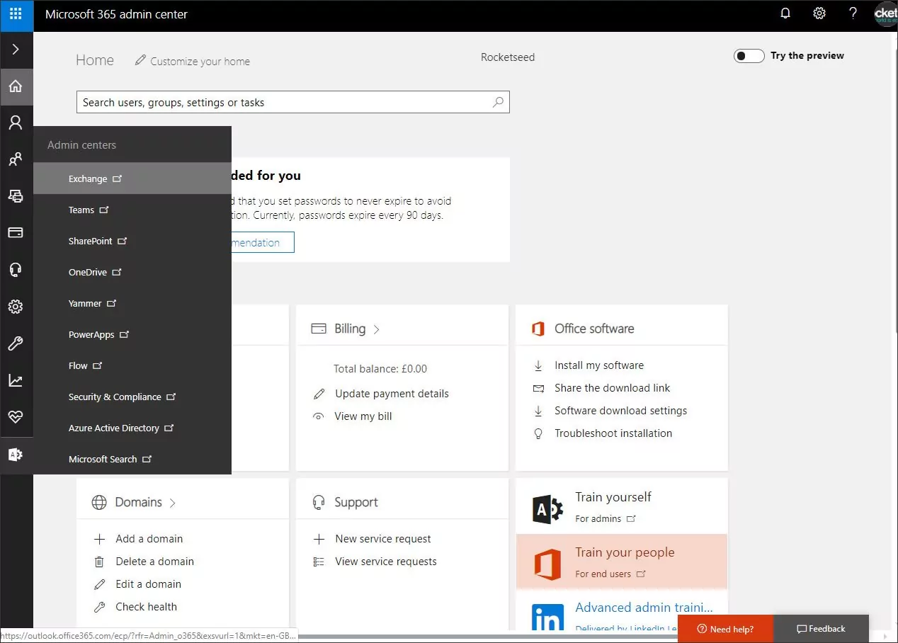 A screenshot of the Microsoft 365 admin centre, with Exchange selected from the side menu.