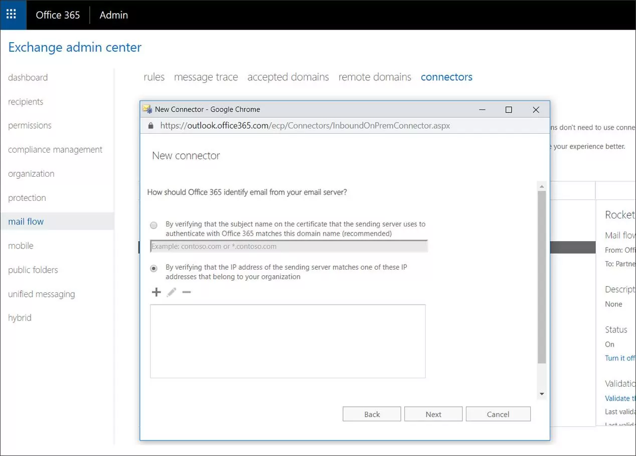 A screenshot of the Microsoft 365 Exchange admin centre, with a pop-up window titled New Connector - Google Chrome.