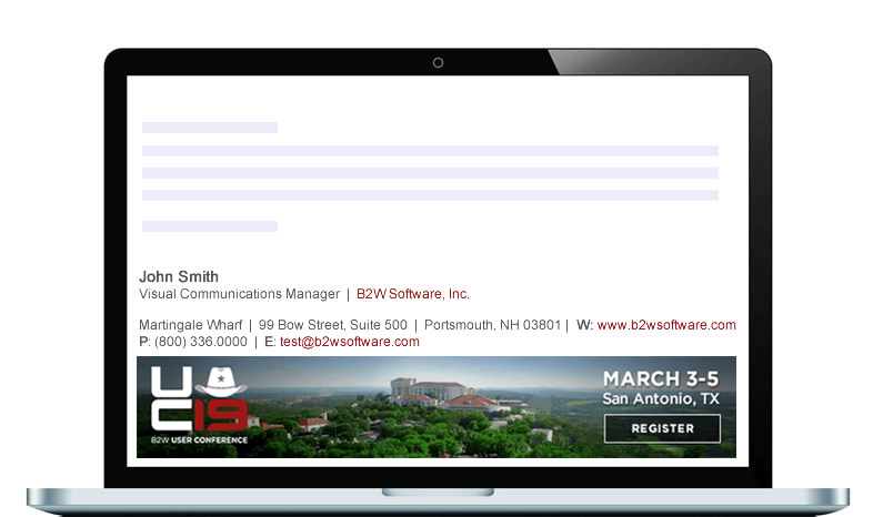 A laptop showing an email signature and banner for John Smith, with contact details, B2W company details, and an advertisement for the UC19 Conference.