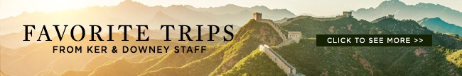 A banner with the words "Favorite Trips from Ker & Downey Staff" and "Click to see more" superimposed on an image of mountains.