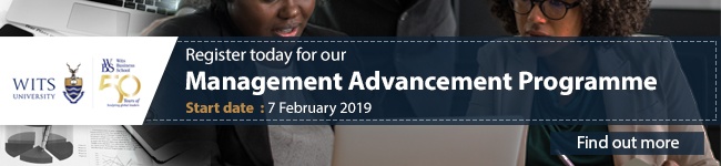 An email banner with the message "Register today for our Management Advancement Programme" above further details and a "Find out more" button, over a photo of two people conferring, with two WITS University logos on the left.