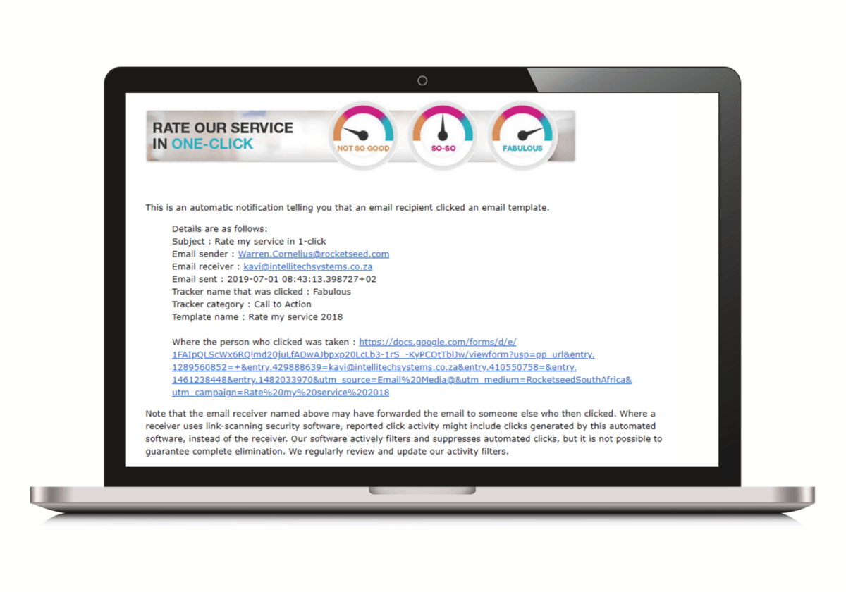 A laptop showing a mockup of an "email recipient clicked on an email template" report.