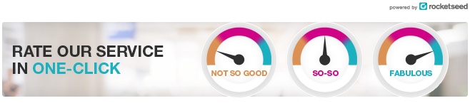 A Rocketseed banner with the words "RATE OUR SERVICE IN ONE CLICK" next to three temperature gauge icons labelled from NOT SO GOOD to FABULOUS.