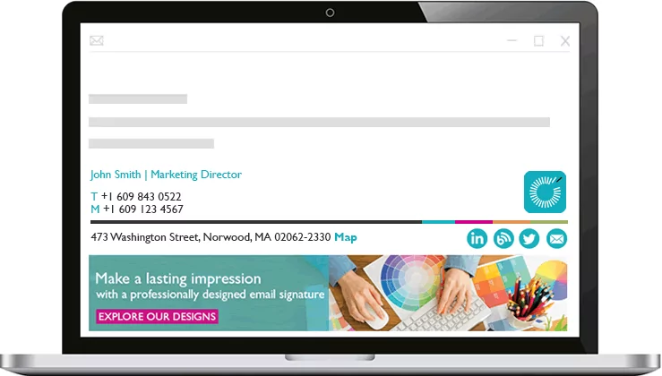 A laptop showing an email from John Smith on screen, with a Rocketseed branded banner and email signature.