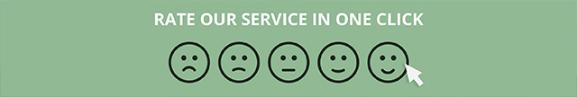 The words "RATE OUR SERVICE IN ONE CLICK" above a scale of five emojis, from sad to happy.