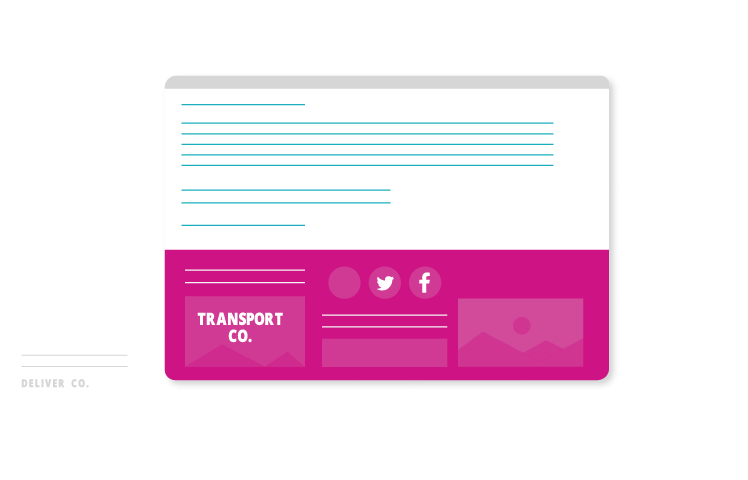 A graphic of a TRANSPORT CO. email banner, surrounded by stars and documents.