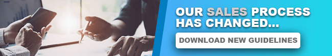 An email banner with the words "OUR SALES PROCESS HAS CHANGED... DOWNLOAD NEW GUIDELINES" next to an image of two pairs of hands, one holding a phone.
